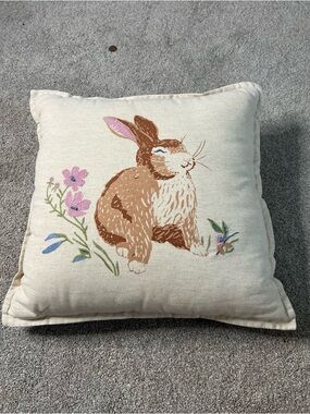 Embroidered Bunny Throw Pillow - Cream with Brown & Pink Accents